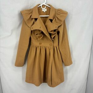 Aura Camel Ruffle Shoulder Coat Dress Fit Flare Double Breasted jacket Small